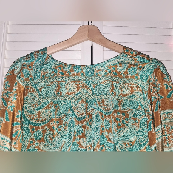 INDIA TOWN size M/L Long Sleeve Button Front Tassled Ruffled Green Paisley Maxi - Picture 3 of 14